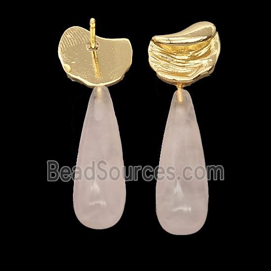 Rose Quartz Teardrop Copper Stud Earrings Gold Plated