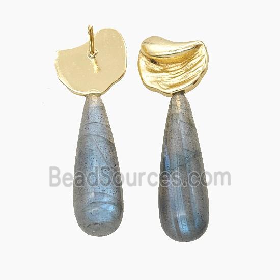 Labradorite Teardrop Copper Stud Earrings Gold Plated