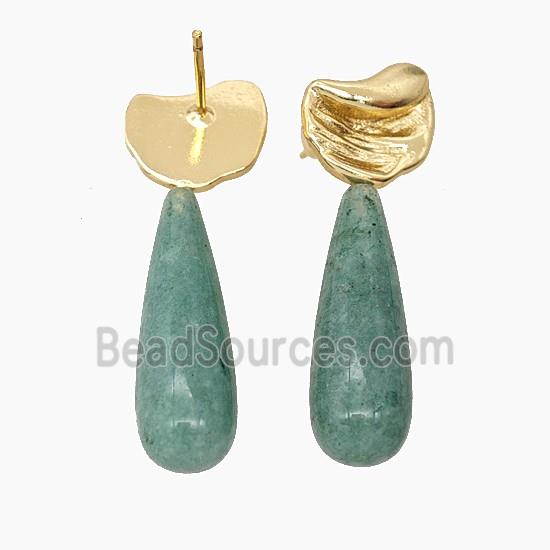 Green Strawberry Quartz Teardrop Copper Stud Earrings Gold Plated