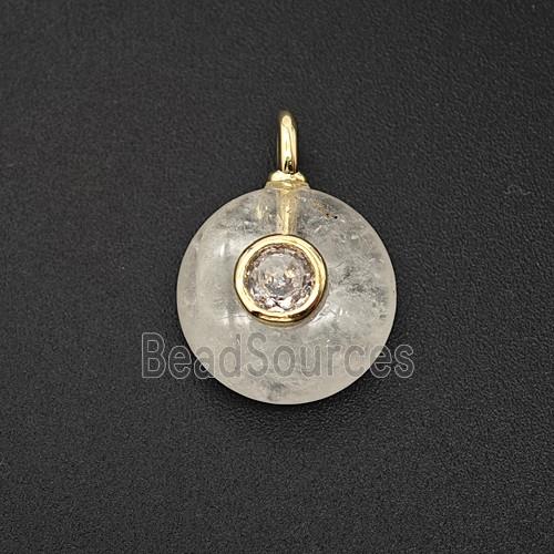 Natural Clear Crystal Quartz Coin Pendant Pave Zirconia