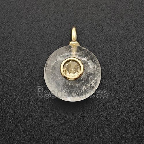 Natural Clear Crystal Quartz Coin Pendant Pave Zirconia