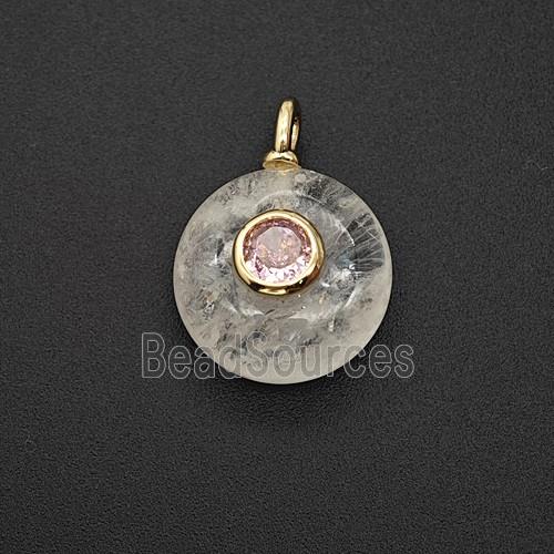 Natural Clear Crystal Quartz Coin Pendant Pave Zirconia