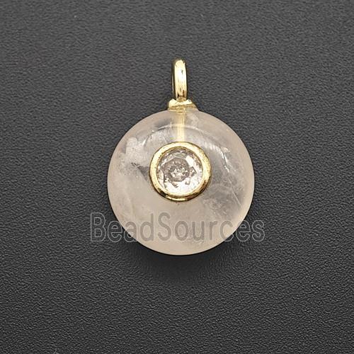 Natural Pink Rose Quartz Coin Pendant Pave Zirconia