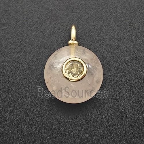 Natural Pink Rose Quartz Coin Pendant Pave Zirconia