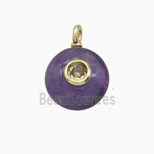 Natural Purple Amethyst Coin Pendant Pave Zirconia
