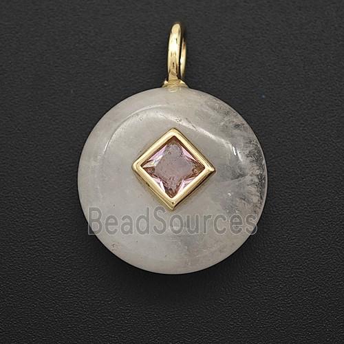 Clear Crystal Quartz Coin Pendant Pave Zirconia