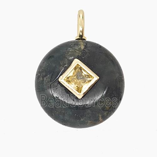 Natural Green Moss Agate Coin Pendant Pave Zirconia