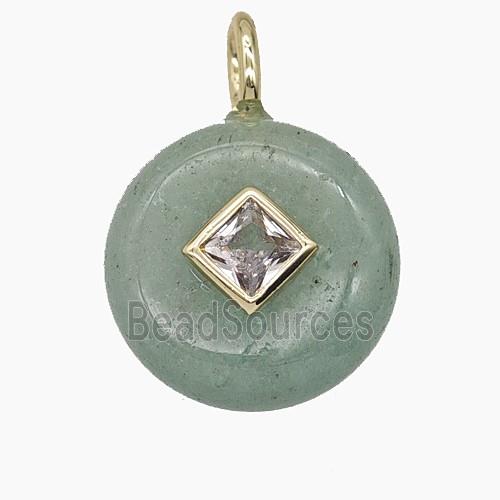 Green Aventurine Coin Pendant Pave Zirconia