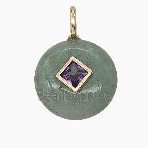 Green Aventurine Coin Pendant Pave Zirconia