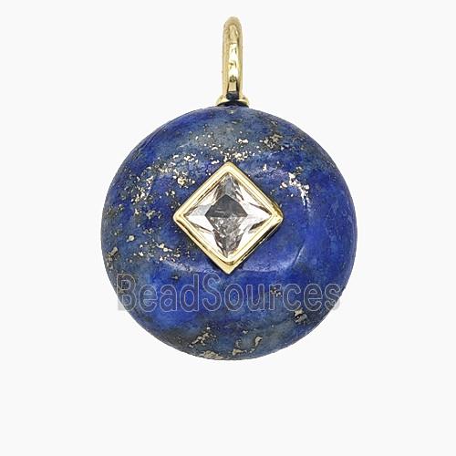 Natural Blue Lapis Lazuli Coin Pendant Pave Zirconia