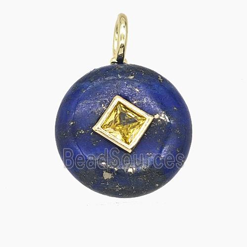 Natural Blue Lapis Lazuli Coin Pendant Pave Zirconia