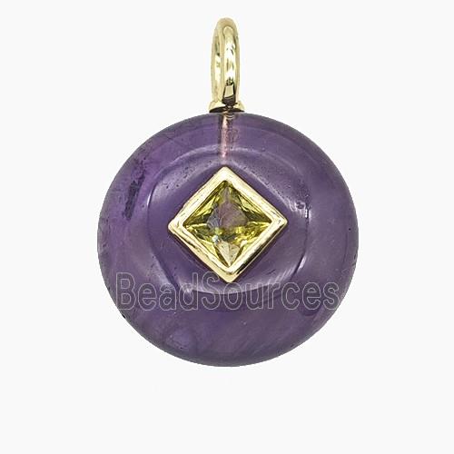 Natural Purple Amethyst Coin Pendant Pave Zirconia