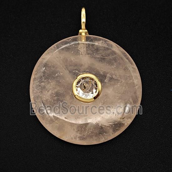 Natural Pink Rose Quartz Coin Pendant Pave Zirconia