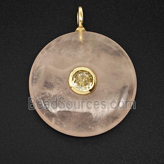 Natural Pink Rose Quartz Coin Pendant Pave Zirconia