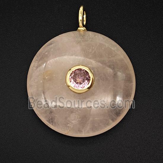 Natural Pink Rose Quartz Coin Pendant Pave Zirconia