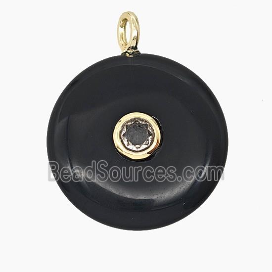 Natural Black Obsidian Coin Pendant Pave Zirconia