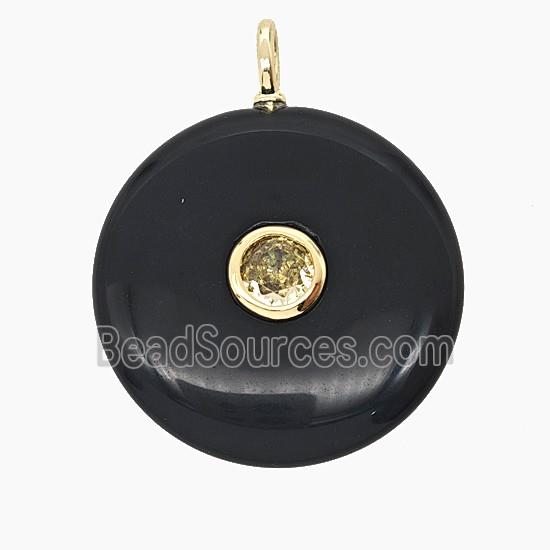 Natural Black Obsidian Coin Pendant Pave Zirconia