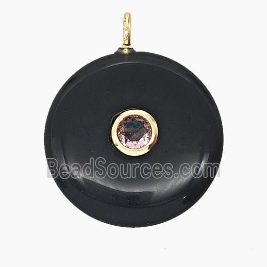 Natural Black Obsidian Coin Pendant Pave Zirconia