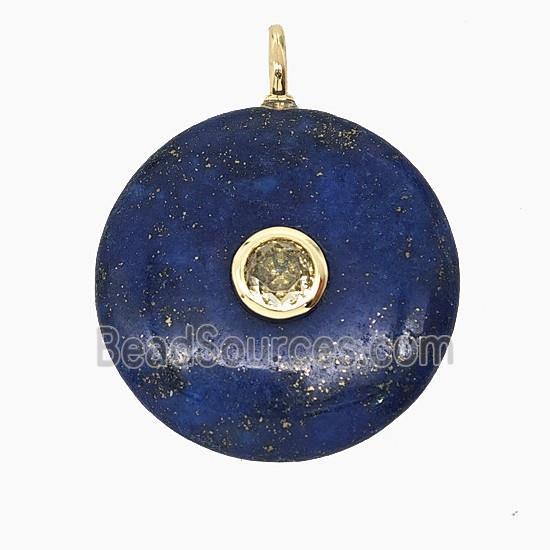 Natural Blue Lapis Lazuli Coin Pendant Pave Zirconia