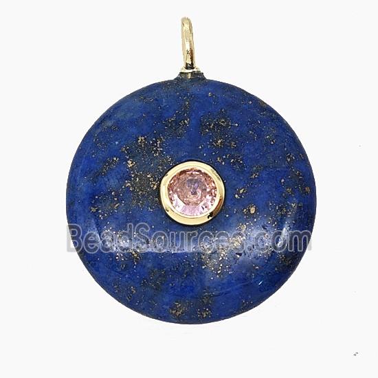 Natural Blue Lapis Lazuli Coin Pendant Pave Zirconia