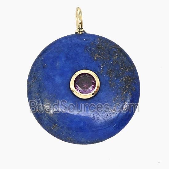 Natural Blue Lapis Lazuli Coin Pendant Pave Zirconia