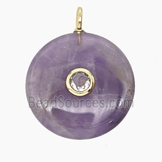 Natural Purple Amethyst Coin Pendant Pave Zirconia