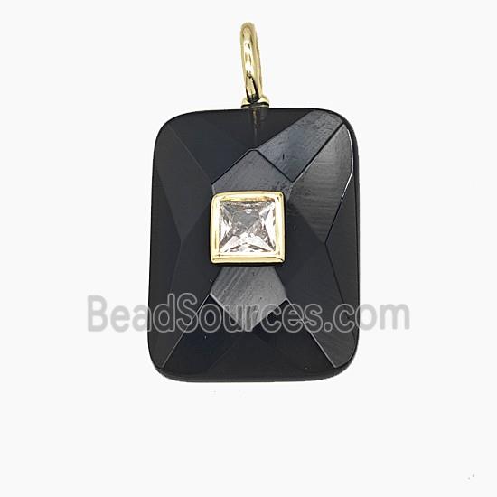Natural Black Obsidian Rectangle Pendant Pave Zirconia Faceted