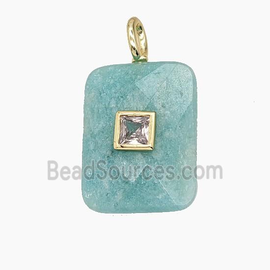 Natural Green Amazonite Rectangle Pendant Pave Zirconia Faceted