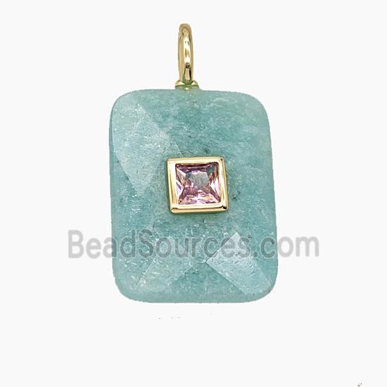 Natural Green Amazonite Rectangle Pendant Pave Zirconia Faceted