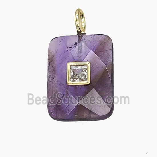 Natural Purple Amethyst Rectangle Pendant Pave Zirconia