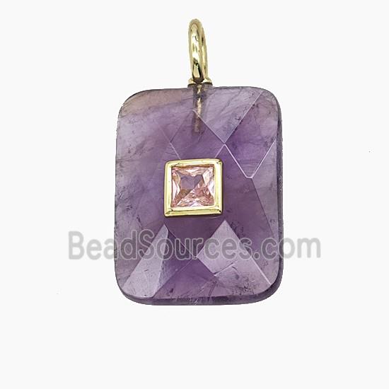 Natural Purple Amethyst Rectangle Pendant Pave Zirconia