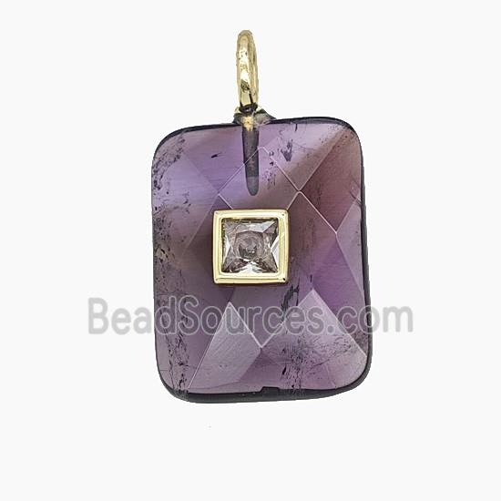 Natural Purple Amethyst Rectangle Pendant Pave Zirconia