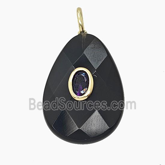 Natural Black Obsidian Teardrop Pendant Pave Zirconia Faceted