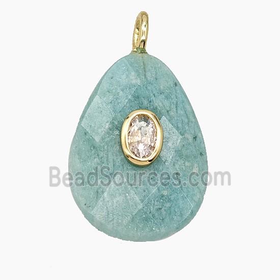 Natural Green Amazonite Teardrop Pendant Pave Zirconia Faceted