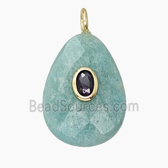 Natural Green Amazonite Teardrop Pendant Pave Zirconia Faceted