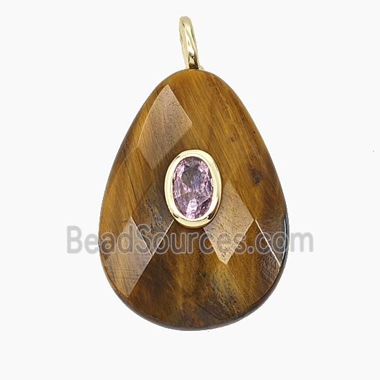Natural Tiger Eye Stone Teardrop Pendant Pave Zirconia Faceted