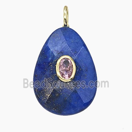 Natural Blue Lapis Lazuli Teardrop Pendant Pave Zirconia Faceted