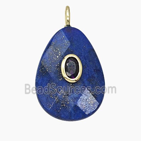 Natural Blue Lapis Lazuli Teardrop Pendant Pave Zirconia Faceted