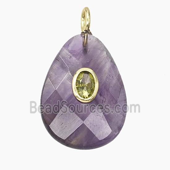 Natural Purple Amethyst Teardrop Pendant Pave Zirconia Faceted
