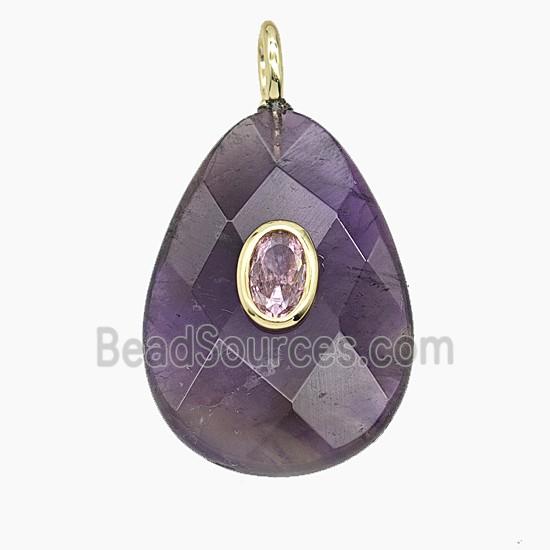 Natural Purple Amethyst Teardrop Pendant Pave Zirconia Faceted