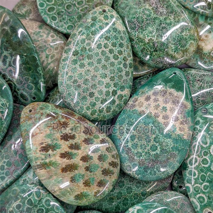 Natural Coral Fossil Teardrop Pendant Green Dye