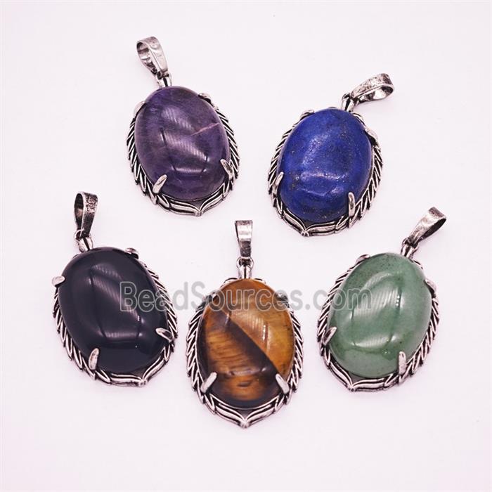 Gemstone Pendant, Antique Silver Plated