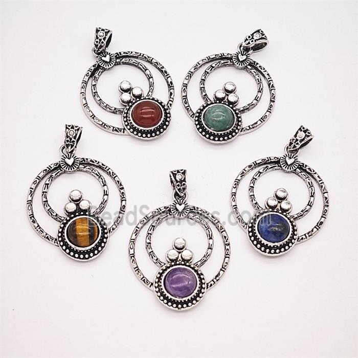 Gemstone Pendant, Antique Silver Plated