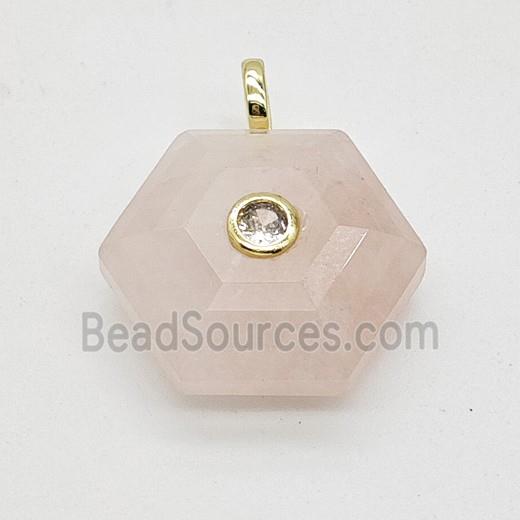Natural Pink Rose Quartz Hexagon Pendant Pave Zirconia
