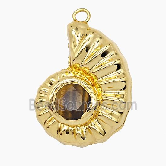 Copper Spiral Shell Pendant Pave Tigereye Hollow Gold Plated