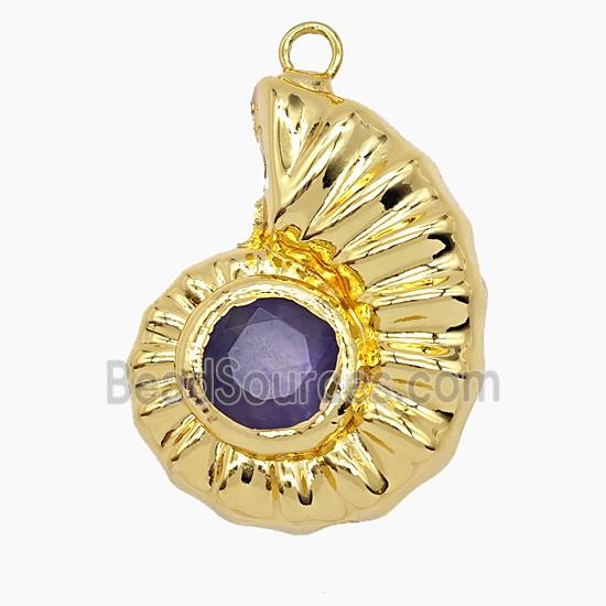 Copper Spiral Shell Pendant Pave Amethyst Hollow Gold Plated