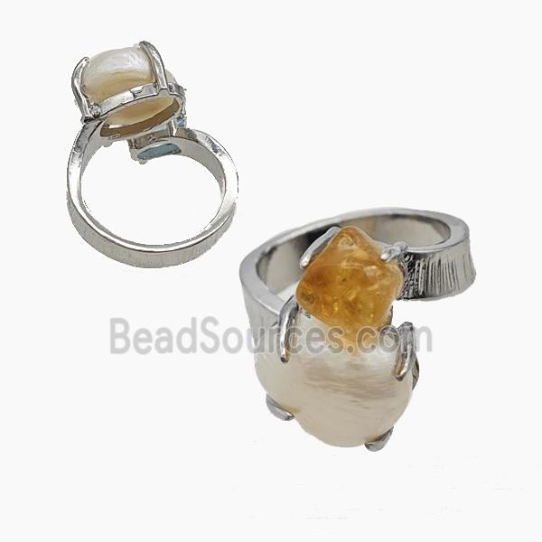 Copper Rings With Pearl Citrine Platinum Plated