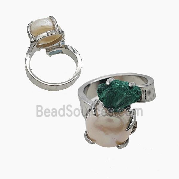 Copper Rings With Pearl Malachite Platinum Plated
