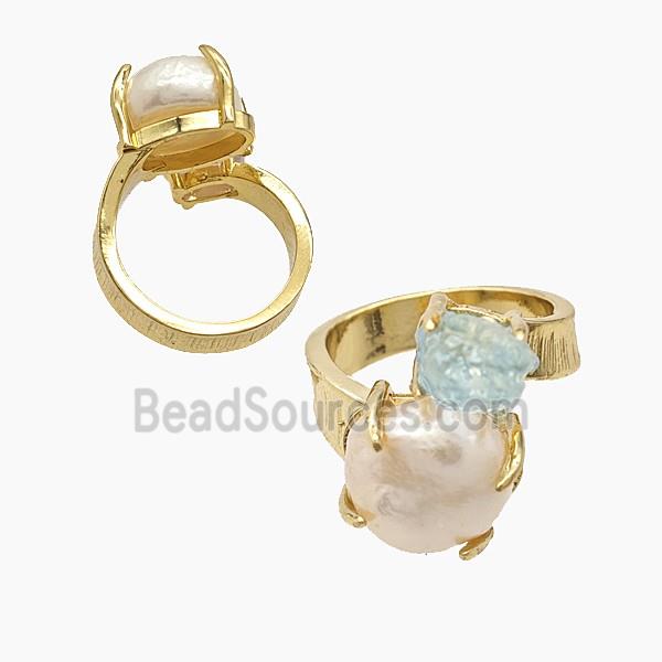 Copper Rings With Pearl Aquamarine Gold Plated