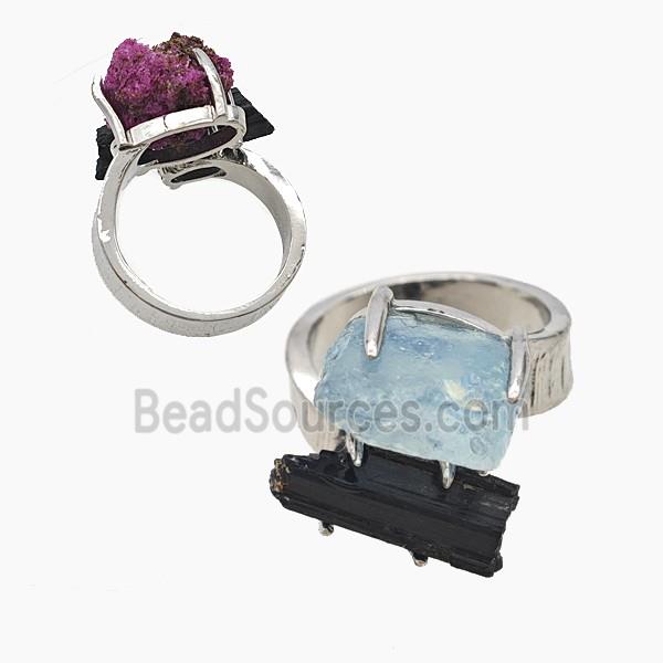Copper Rings With Black Tourmaline Aquamarine Nugget Platinum Plated